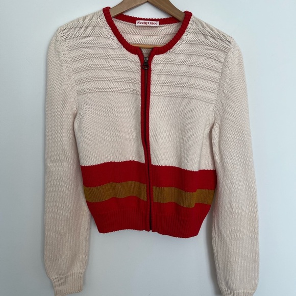 See By Chloe Cream and Red Sweater - Picture 2 of 6